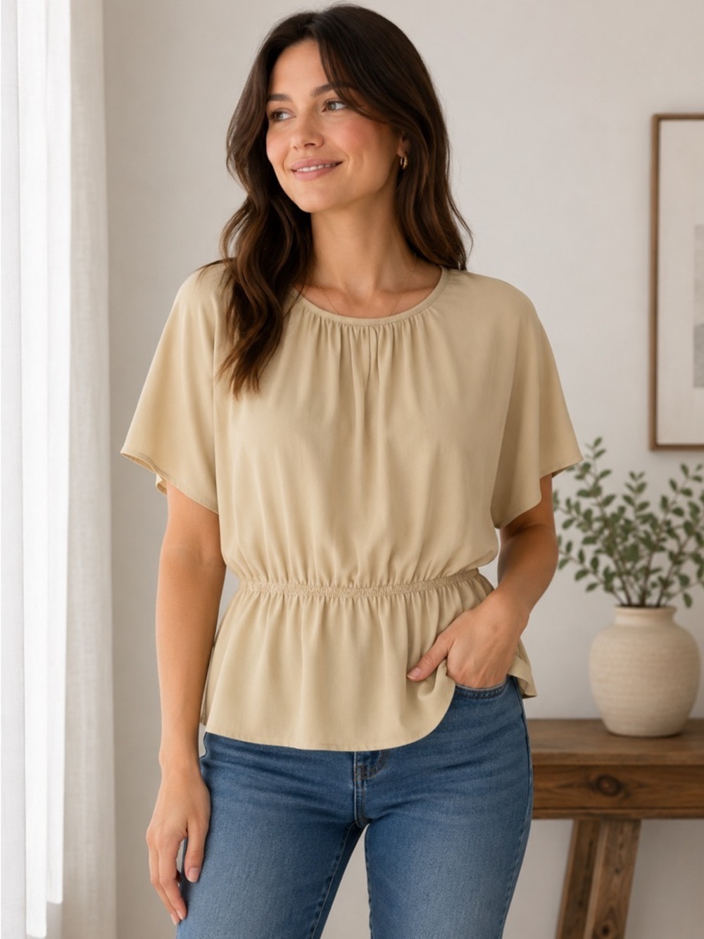 Wardrobe Crew Neck Peplum Flutter Sleeve Beige Top Size Small